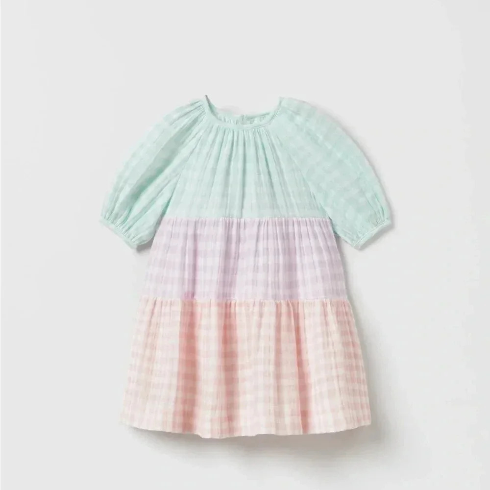 Zara Size 4-5 Pastel Tiered Gingham Dress in Mint, Lilac & Peach